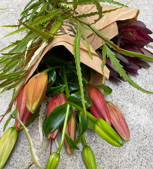 Lilja, leucadendron och grönt